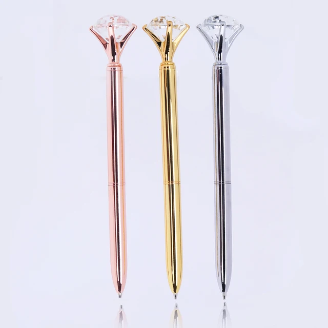 Big carat diamond Crystal Pen Gem Ballpoint pen ring wedding office Metal ring roller ball pen Rose gold silver pink purple