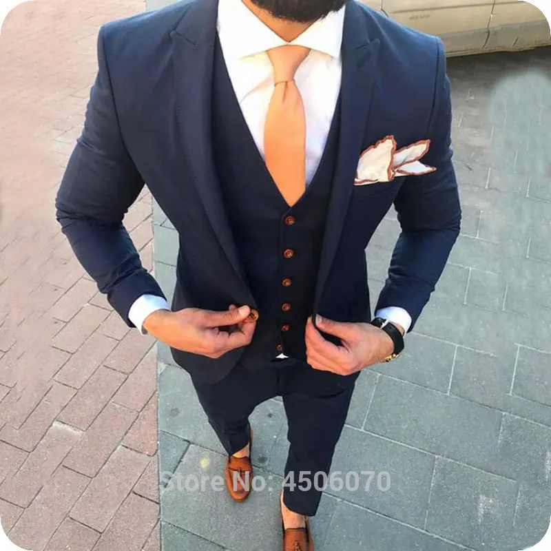 Navy Blue Casual Men Suits Business Slim Fit Wedding Tuxedos Groom Wear 3PCS Jacket Pants Vest Bridegroom Suits Costume Homme