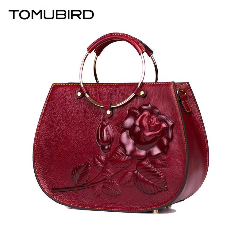 

TOMUBIRD 2019 New women genuine leather bag brand Designers Embossed roses cowhide leather women handbags shoulder bag
