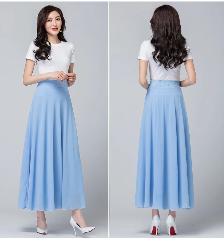 Для женщин Длинная юбка 2019 корейские Летние Элегантные линии шифон плиссированные юбки высокой талии большие размеры Винтаж нарядные юбки