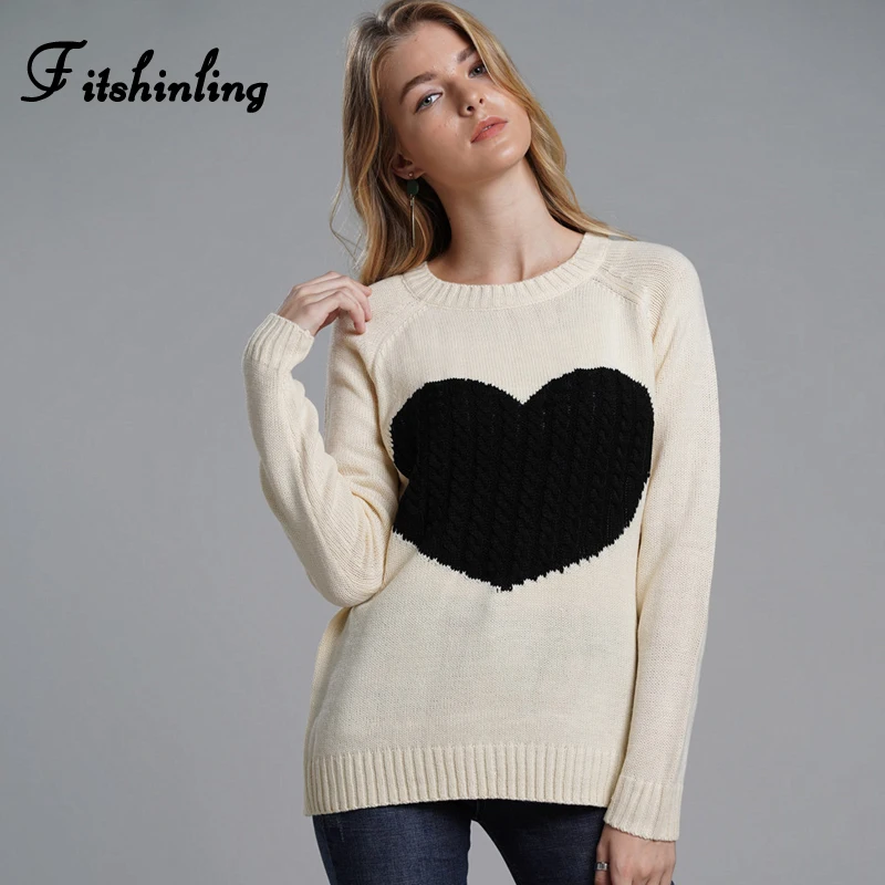 Acheter Fitshinling coeur patchwork dame chandail décontracté slim pull femme vêtements tricots automne hiver mignon chandails pour les femmes