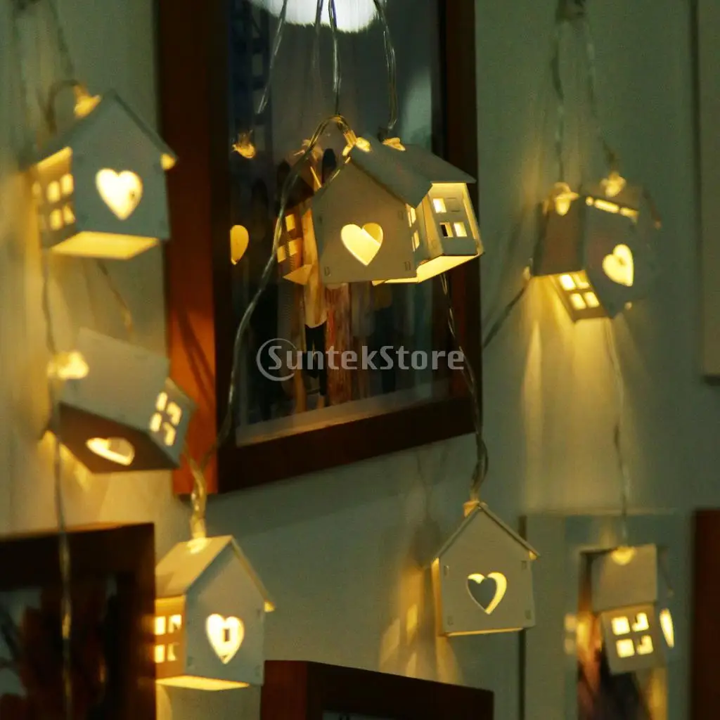 

Wood House Shape 10 LED Bulbs Wire String Lingts with Battery Box Christmas Lights for Holiday Wedding Party Decoration