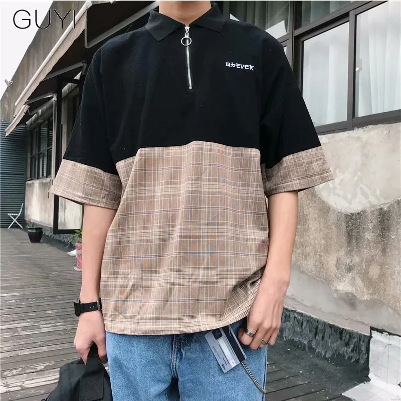 

GUYI Plaid Patchwork Zipper Polos Men Half Sleeve Panelled Oversized Korean Tops&Tees Fashion Casual Streetwear Junior Polos