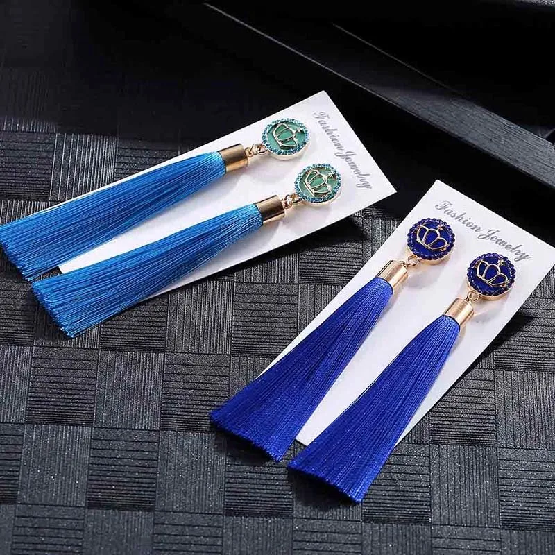 IMG_4177 Trendy Drop Earrings CrownWomenLongBohemianDangleBlueBalckMetalBohoGold Tassel Earrings 2018 Jewelry