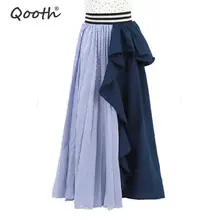 Qooth корейская мода Высокая талия рюшами полосатый тюль юбка для женщин лето осень лоскутное нерегулярные женские плиссированные юбки QH1788