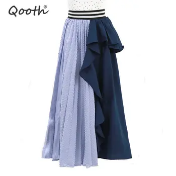 

Qooth Korean Fashion High Waist Ruffle Striped Tulle Skirt Women Summer Autumn Patchwork IRREGULAR Female Pleated Skirts QH1788