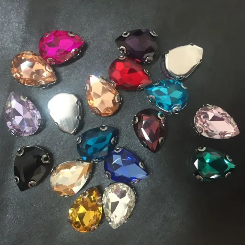

13x18mm Mix Color Sew On GLASS Crystals Teardrop Fancy Stone with "D" Claw Setting Pear Droplet Sewing Beads