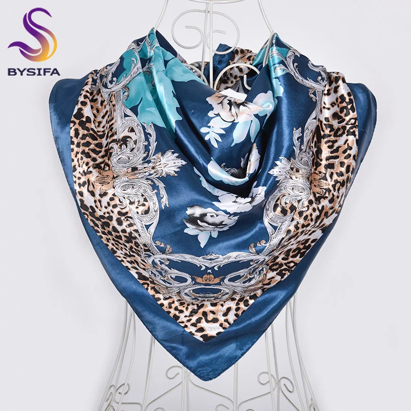 

[BYSIFA] New Ink Blue Silk Scarf Shawl Ladies Fashion Sexy Leopard Print Design Floral Large Square Scarves Wraps Muslim Hijabs