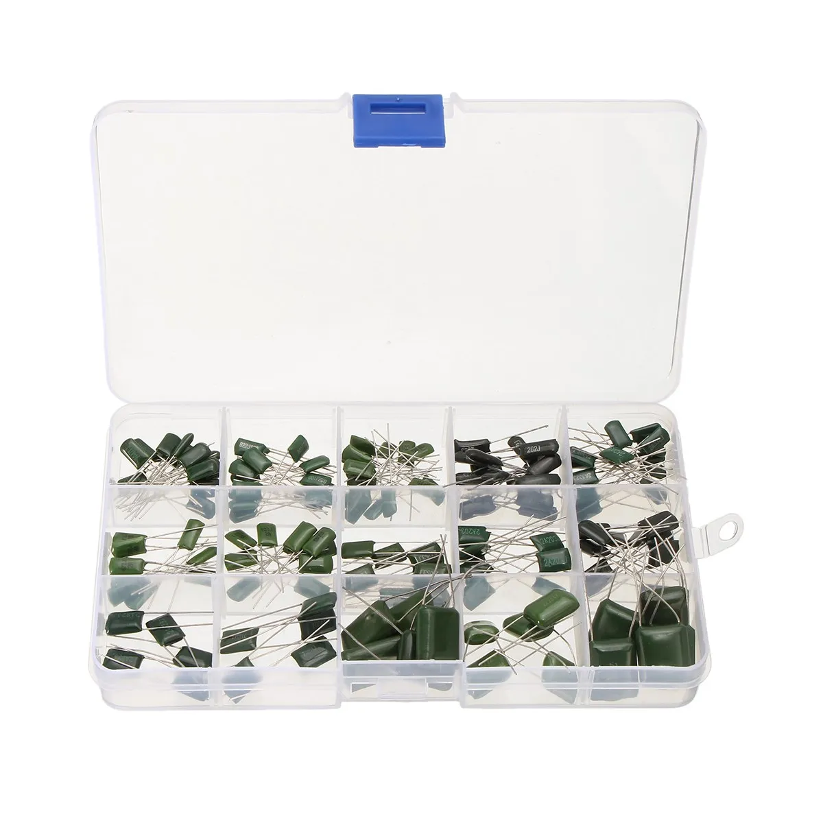 

15Values 150Pcs 100V 0.47nF ~ 470nF Polyester poly Film Capacitors Assortment Box Kit