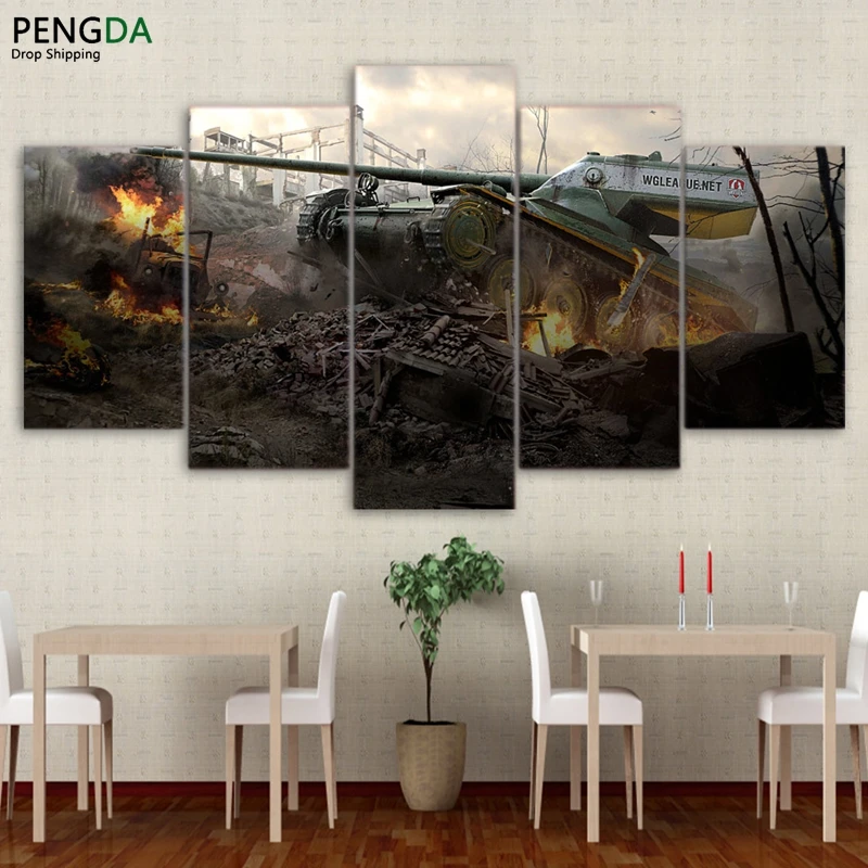

Modern Wall Art Canvas HD Printed Painting Frame Modular Poster 5 Pieces War World Of Tanks Abstract Home Decor Pictures PENGDA