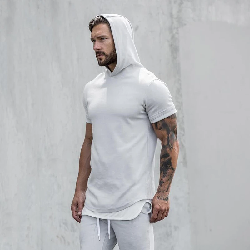 Men's Casual Slim Fit O Neck Short Sleeve hooded Hoodie Muscle Tee T-shirt Tops