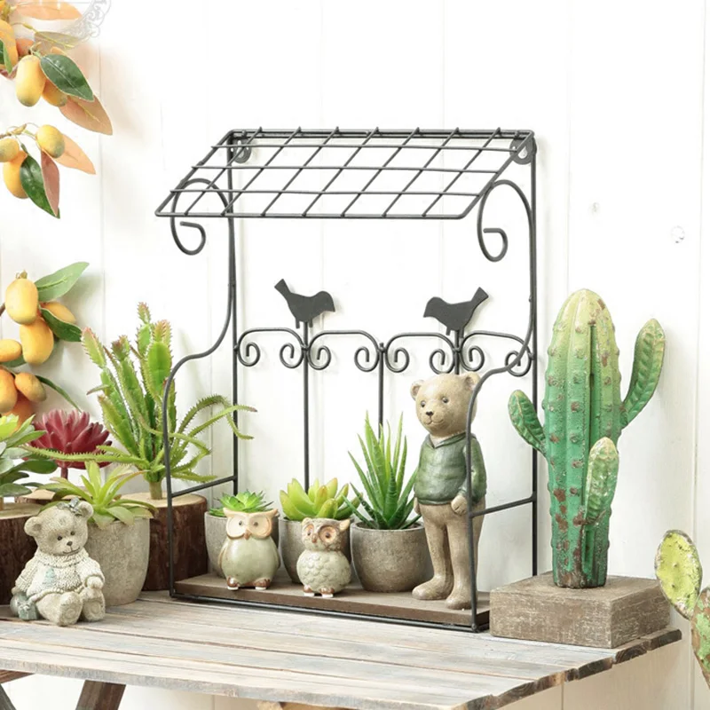 Vintage Metal Wall Mounted Rack with Wood Shelf Bird Decorative Display Stand Flower | Обустройство дома