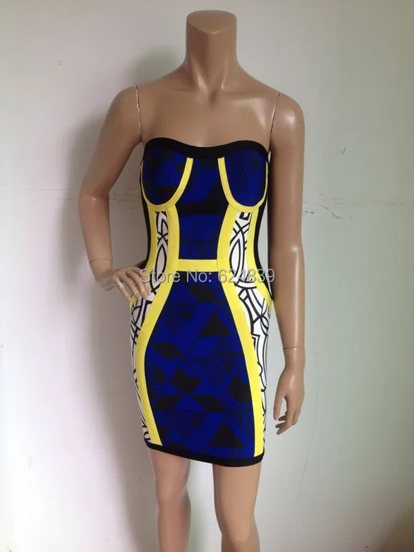 free shipping 2014 new arrival blue and yellow strapless print bandage dresses party dress