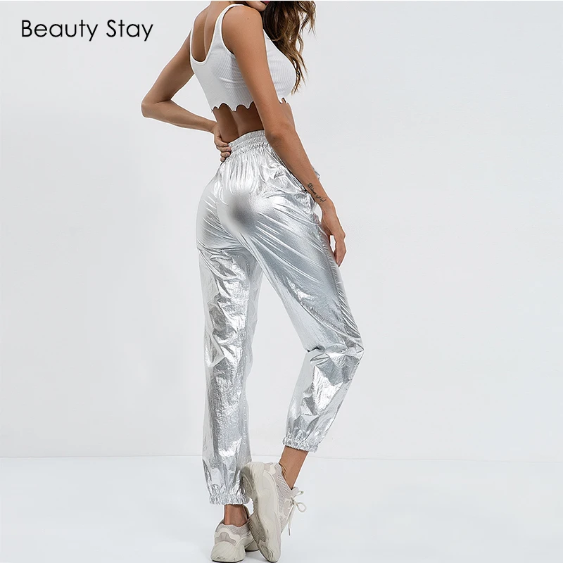

Beauty Stay High Waist Push Up Women Workout Leggings Solid Silver Casual Fitness Reflective Fold Slim Girl Outside Leggings
