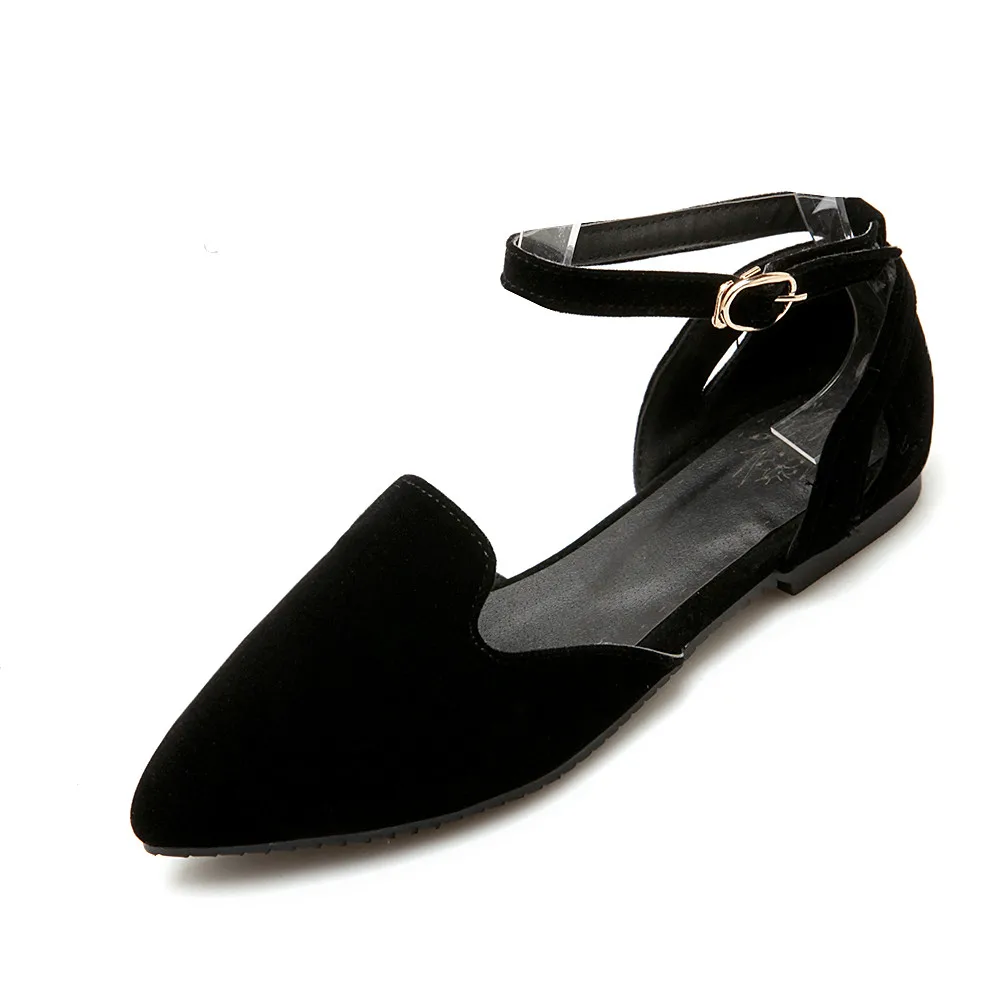 Новые модные женские лоферы из флока на весну-осень, женские туфли на плоской подошве для отдыха с острым носком и пряжкой на ремешке размера плюс 28-52 - Цвет: black