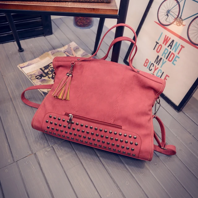 Fashion Rivet Women Handbags High Quality Nubuck Leather Ladies Hand Bags Large Shoulder Bag Luxury Handbags Women Bags Designer Red