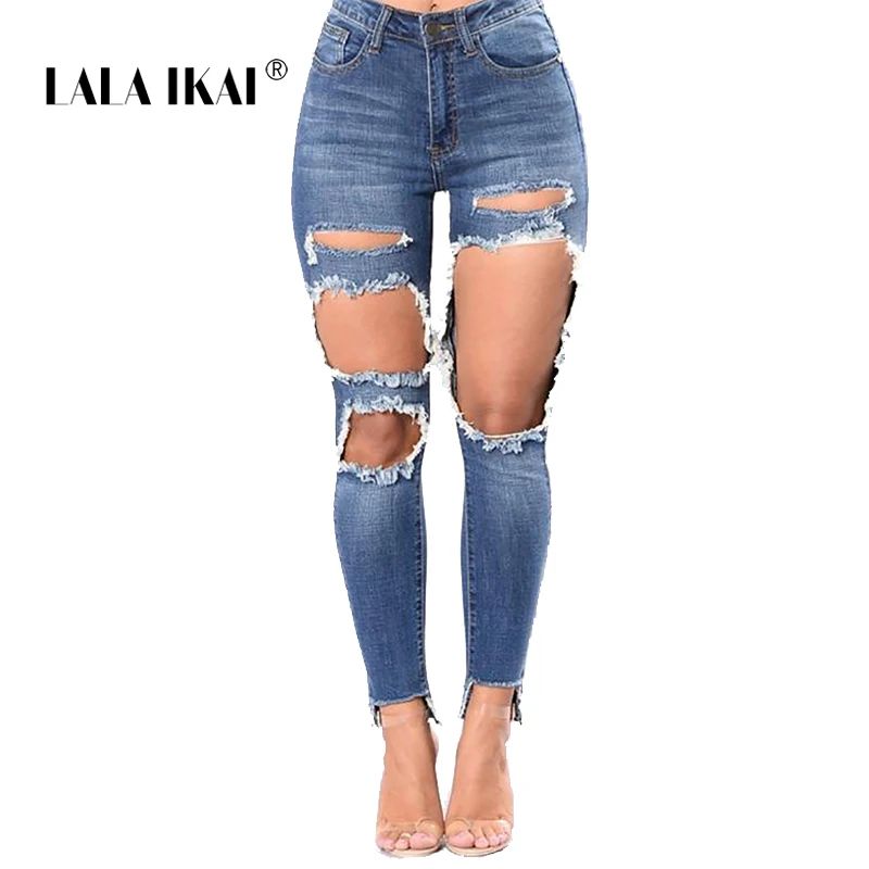 LALA IKAI Plus Size 2XL Ripped Jeans Women Blue Boyfriend Oversize