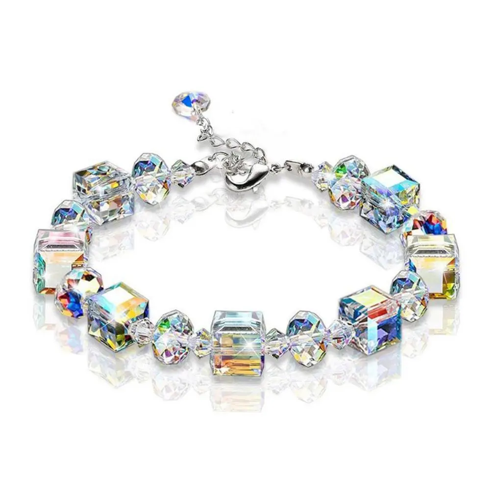 

New Sparkling Aurora Crystals Link Chain Stretch Bracelet Women Fashion Jewelry Gift Square Shape Bracelet