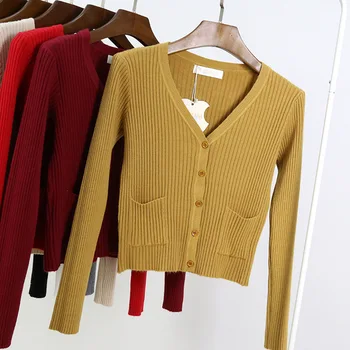

Cashmere Women Sweater Cardigans 2019 Lady Pockets Spring Autumn Knitted Sweater Sexy Jumper Women V-neck Sweater Coat Tops 1148