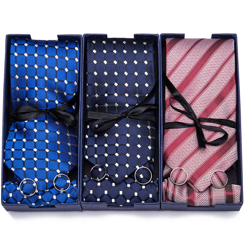 

Gift box Custom Personalized Mens Ties Hankie Cufflinks Sets Neckwear 7cm Paisley Cravats Striped Necktie for Men Wedding Party