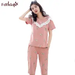 Fdfklak 2018 летние шорты рукавом пижамы Для женщин пижамный комплект Пижама хлопок Для женщин домашняя одежда Нижнее белье Комплект пижам из 2