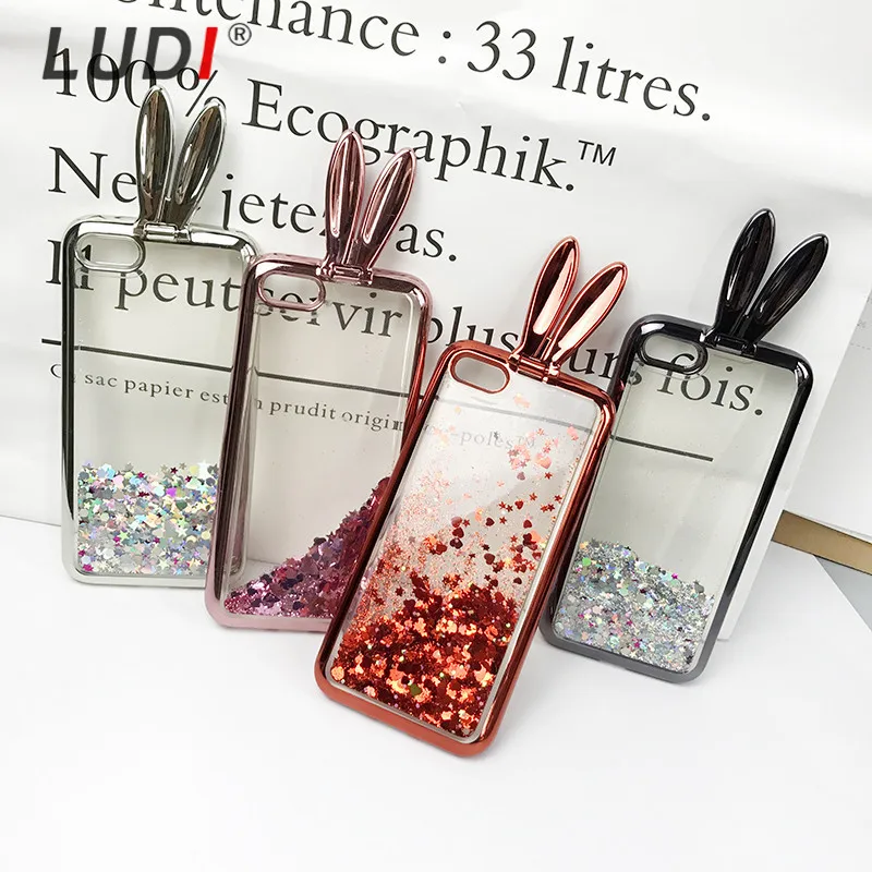 

LUDI 3D Cute Rabbit Ear Stander Case For iPhone X 8 7 7plus Soft Silicon Glitter Liquid Quicksand For iPhone 6 6s 6/6splus