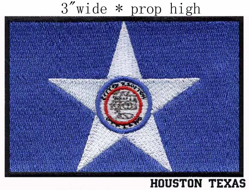 

Houston, Texas USA Flag embroidery patch 3" wide shipping/run stitch letteringwhite big star/circle inside of the star