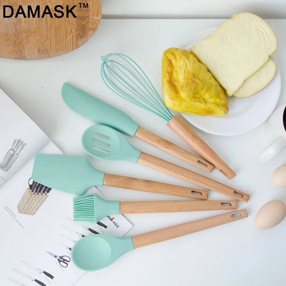 

DAMASK Popular Silicone Cooking Tool Heat-resistant Soup Ladle Spoon Slotted Shovel Turner Spatula Egg Whisk Kitchen Utensils