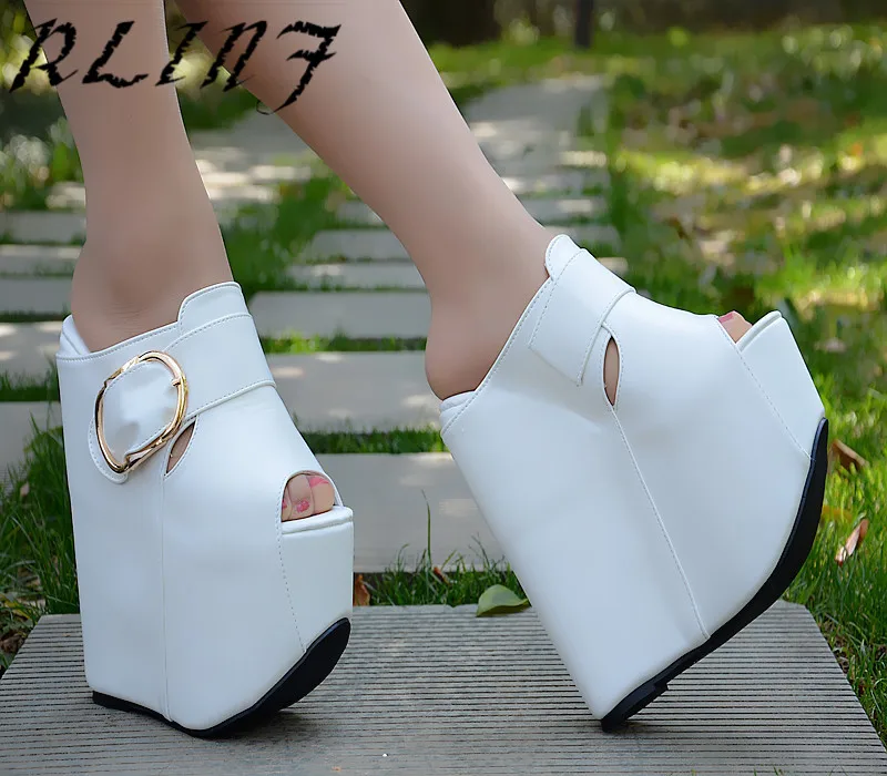 RLINF/Женская обувь на платформе 20 см; цвет белый, черный; летние туфли на высокой танкетке; обувь на толстой платформе; нескользящая модная обувь