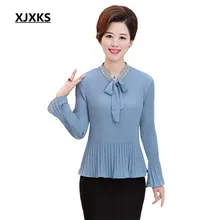 Xjxks Для женщин сезон: весна–лето Элегантная футболка с длинным рукавом Для женщин с v-образным вырезом Рубашки, Топы с бантиком; Женские однотонные Цвет с бантом