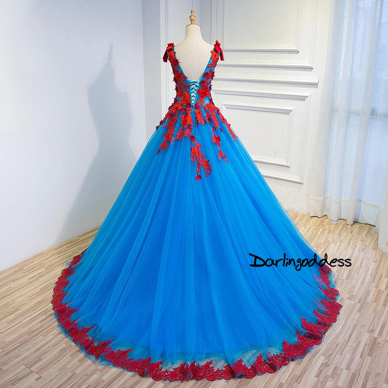 Элегантные женские глубокий двойной V образным вырезом Свадебные платья королевский синий с красным кружевное свадебное платье официальная Вечеринка платье халат De Soiree