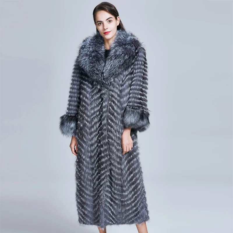 ZIRUNKING длинное натуральное меховое пальто для женщин из натурального меха серебристой лисы женские парки из лисы верхняя одежда женская одежда ZC1728 - Цвет: Серый