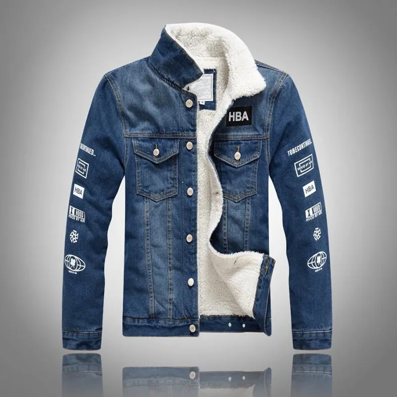 Denim Jacket Fur Collar Men Winter Black Male Bomber Jacket Fashion Men