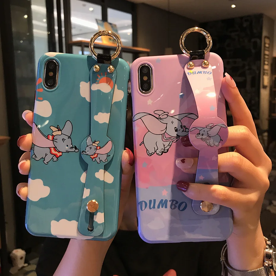 

Cartoon Dumbo Phone Case for iPhone 7 8 6S 6 Plus Cute Lovely Luxury Wrist Strap Kickstand Case Cover for iPhone XS Max XR X