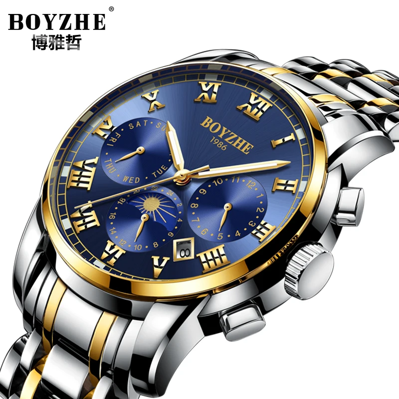 

Automatic Watches Men Luxury Brand BOYZHE Waterproof Watches Blue dial Luxury Roman index Automatic Chronograph Watch
