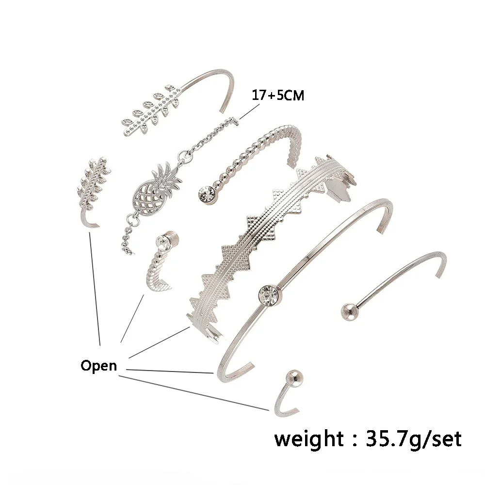 6 шт./компл. женские браслеты винтажные листья ананаса Круглый Кристалл Серебряный Открытый браслет набор модные вечерние ювелирные изделия подарок аксессуары