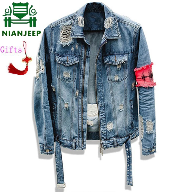 2018 luxury Ripped Ribbon jeans Jackets washed patchwork Distressed Denim Man Slim Fit Streetwear HipHop Vintage Jacket 2XL 2018 luxury Ripped Ribbon jeans Jackets washed patchwork Distressed Denim Man Slim Fit Streetwear HipHop Vintage Jacket 2XL