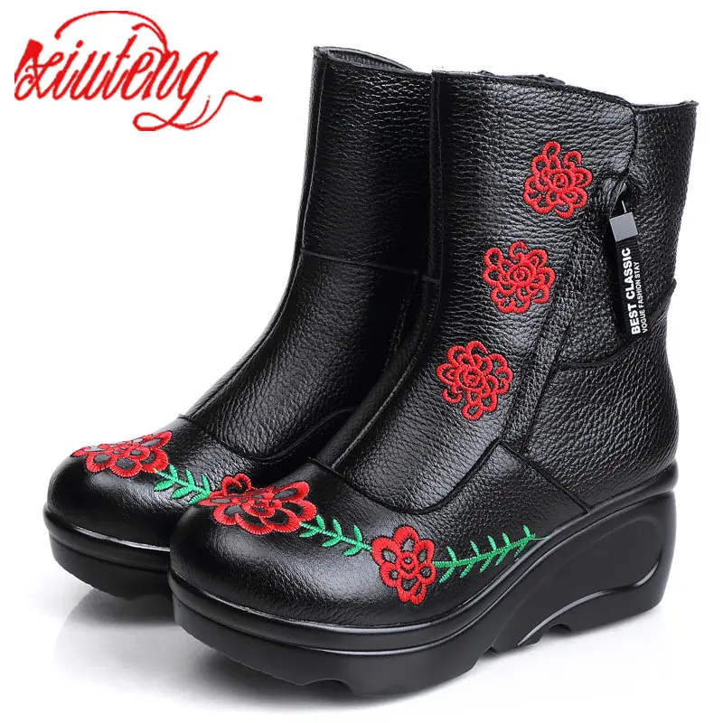 

Xiueng New Winter Handmade National Wind Women's Shoes Winter Genuine Leather Women's Boots Thick Bottom Wedges Platform Shoes