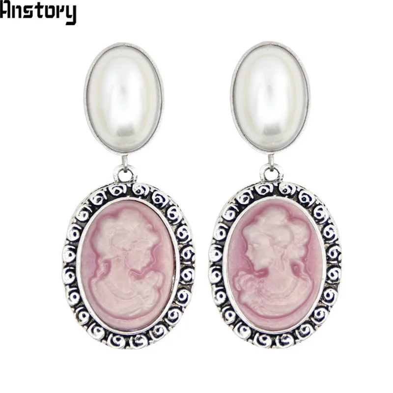 Oval Pearl Earrings Stud For Women Lady Queen Cameo Stud Vintage Look Antique Silver Plated Fashion Jewelry TE492 - Окраска металла: Pink