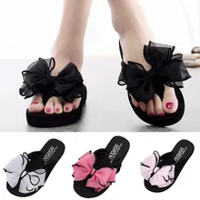 Женские летние шлепанцы; Модные женские вьетнамки на танкетке с бантом; нескользящие пляжные шлепанцы; zapatos de mujer;# VB20