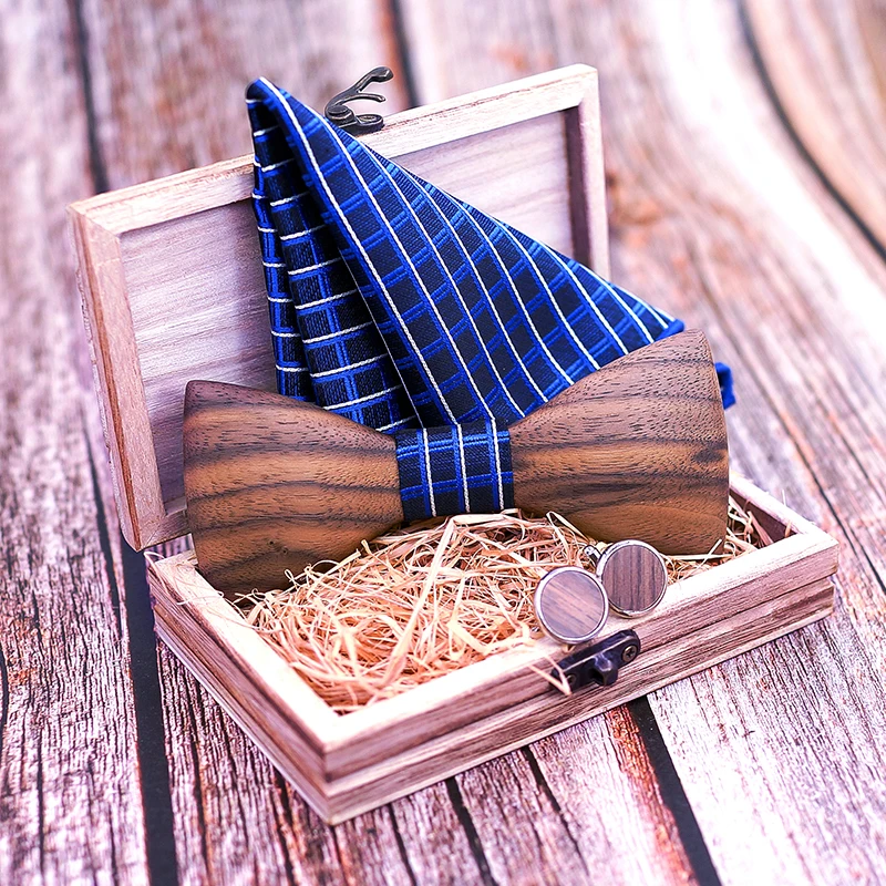  3D Men Wooden Bow Tie Set BowTie and Handkerchiefs Cufflinks Necktie For Business Wedding Party Hom