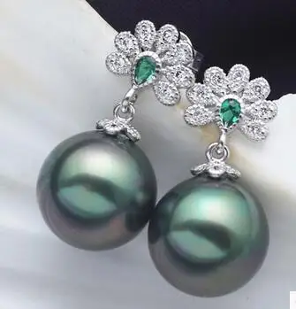 

AAA Huge 10-14mm Round South Sea The peacock Dark green mother Earring pendientes earrings for women sterling--jewelry