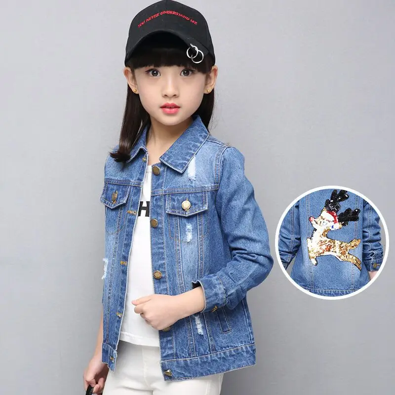 2017 Spring and autumn female child denim jacket girls spring pearl