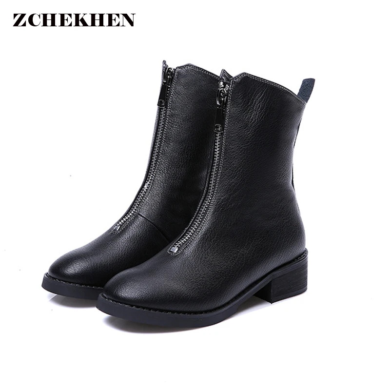 

Luxury Brand Front Zipper Design Women Genuine Leather Boots Martins Boots Round Head Casual Shoes Flat Women's Shoes