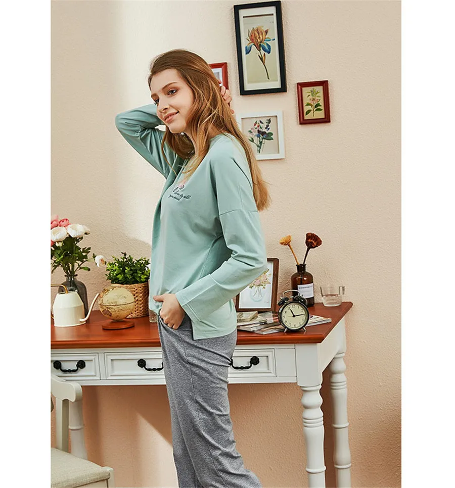 Новые женские пижамные комплекты осенние пижамы с длинными рукавами и принтом женские пижамы Mujer ночная рубашка с v-образным вырезом для отдыха Одежда для взрослых