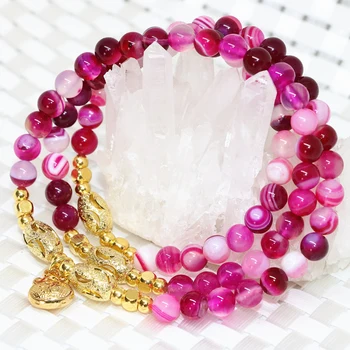 

Gold-color pendant rose red natural agat veins onyx carnelian stone long multilayer bracelet 6mm round beads diy jewelry B2239