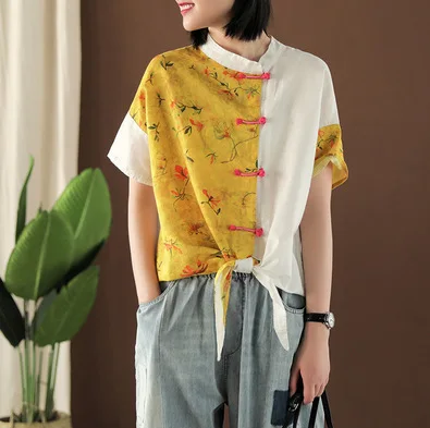 

summer Ethnic style improved printing Chinese Knot Button retro short sleeve shirt blouse Female A40012 LPP