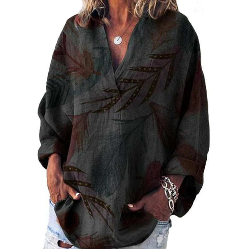 

MoneRffi Spring Autumn Women Casual Print Long Sleeve Shirt Loose V-neck Women Blouse Tops Plus Size Mujer Hawaii Blusas Femina