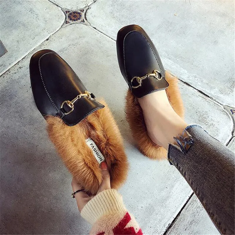 

2019 Winter Women Plush Home Slipper Fox Fur Flat Casual Shoes Luxury Slip On Warm Mules Women Comfortable Loafers