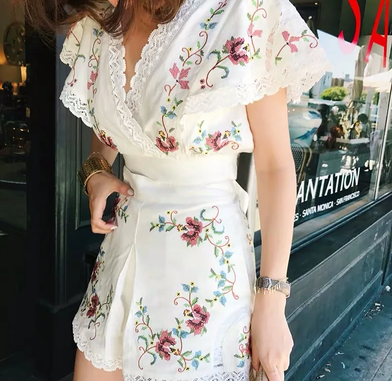 

EXCOSMIC Women Beach Embroidery Deep V-neck Straps Waist Short Jacket High Pants Suit Women Clothing Runway Designer 2019SS